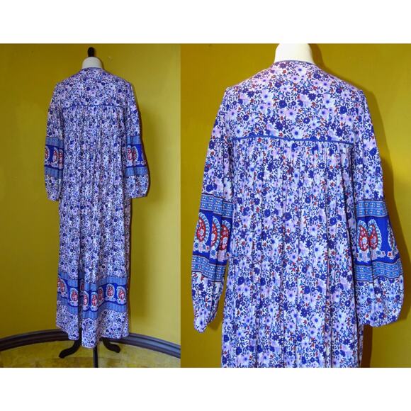 VINTAGE 70’s HIPPIE BLOCK PRINT INDIAN COTTON FESTIVAL BOHO MAXIDRESS - Picture 2 of 12